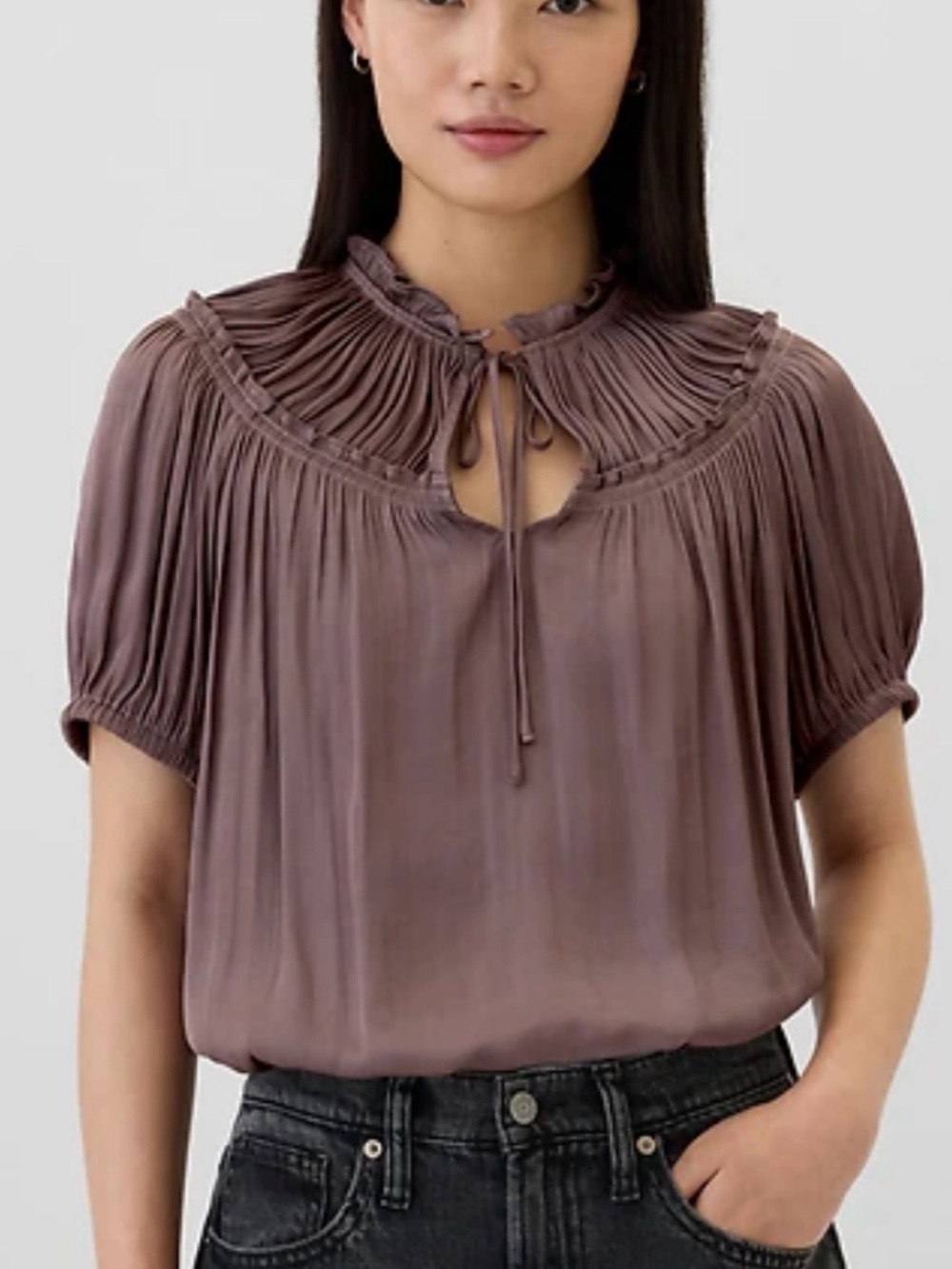 GAP Mauve Pleated Tie-Neck Short Sleeve Blouse